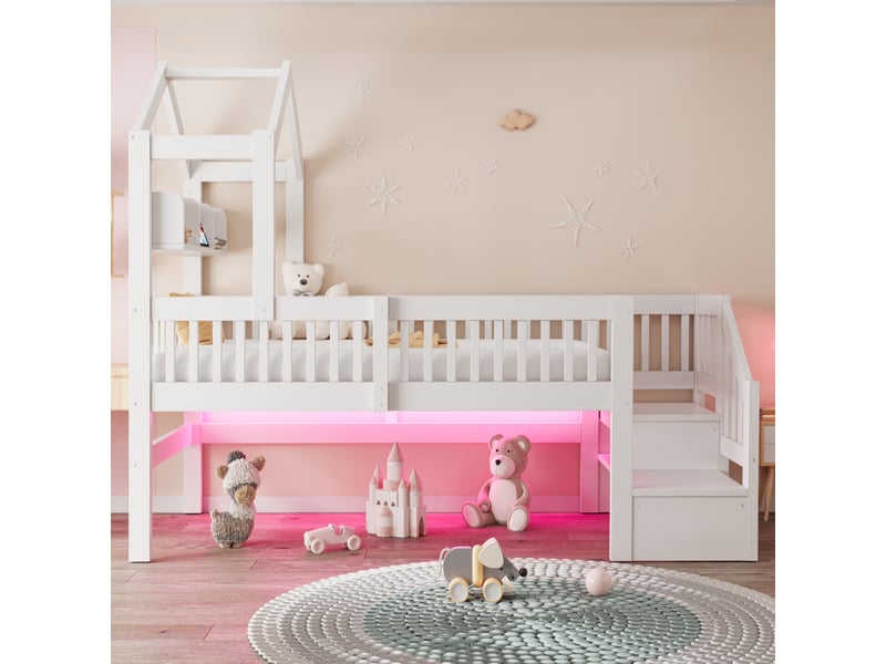  Lit mezzanine cabane enfant 90x200cm avec toit, étagère, veilleuse usb, bande led, barrières de sécurité et échelle de rangement, bois, blanc evarich - Conforama E