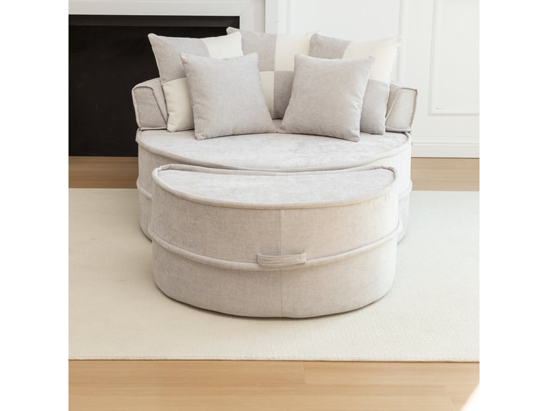 Fauteuil avec pouf rond et 5 coussins - sans montage, assise moelleuse, chenille - gris - Conforama C