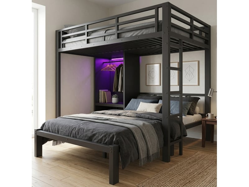  Lit superposé 120 × 200 cm, 2 couchages avec armoire intégrée, led et échelle droite, sans matelas, métal noir  - Conforama B