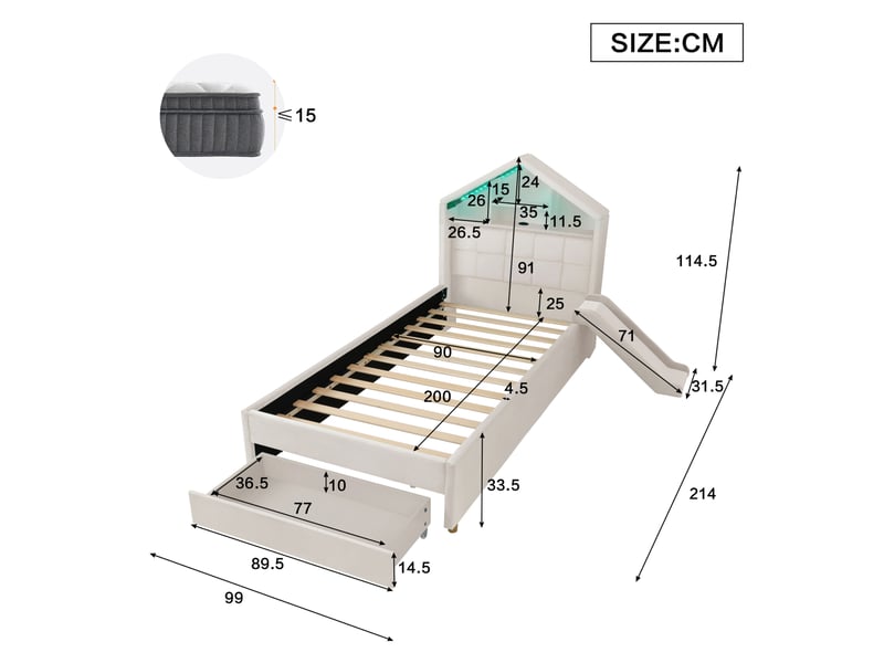  Lit enfant cabane 90x200 cm en velours beige avec toboggan et led, sans matelas  - Conforama C