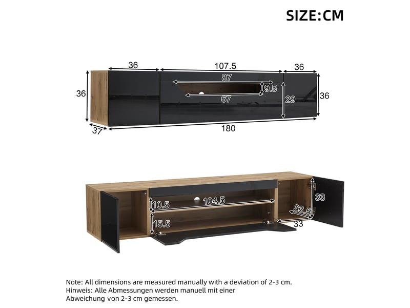  Meuble tv moderne bas 180x37x36cm avec 3 portes, design sobre, panneaux de particules, couleur naturel et noir  - Conforama D