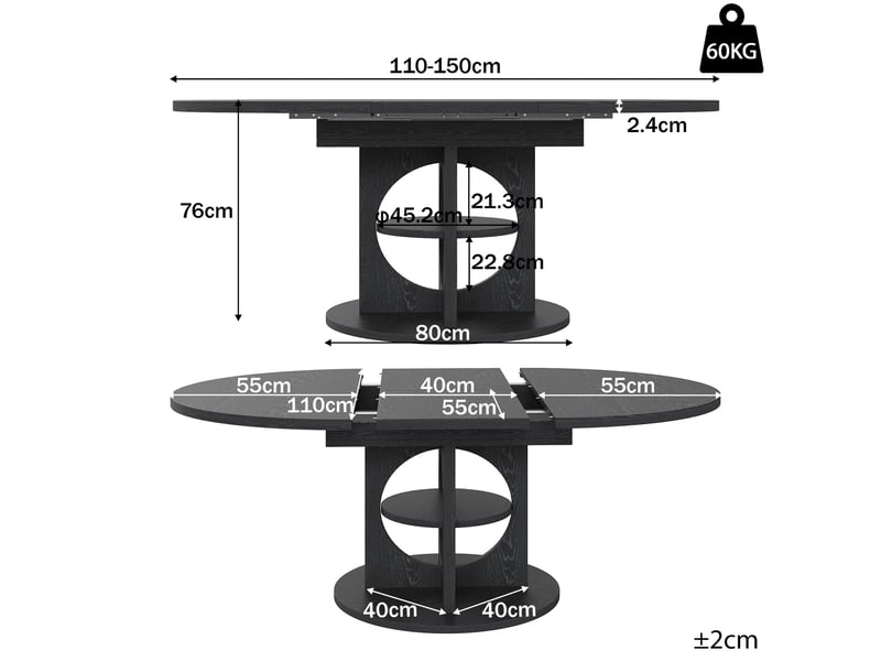  110–150 noir table à manger extensible avec rangement, design moderne, structure fonctionnelle pour cuisine et salle à manger  - Conforama B