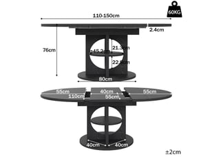 110–150 noir table à manger extensible avec rangement, design moderne, structure fonctionnelle pour cuisine et salle à manger