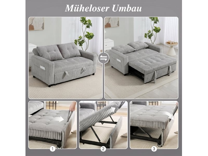  Canapé convertible 2 places 157x190 cm, 3-en-1, 2 coussins et poches latérales, —, gris clair  - Conforama D