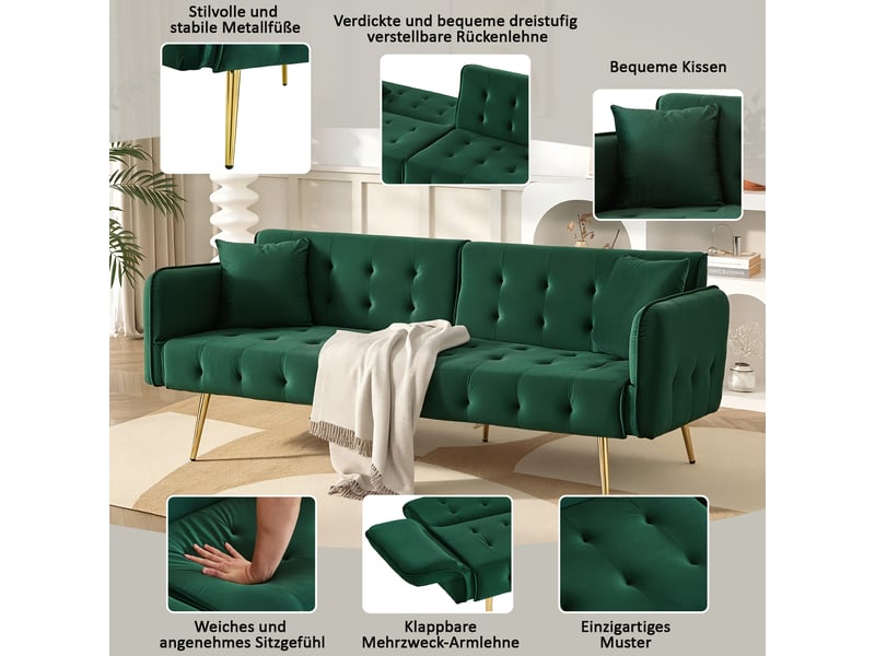  Canapé convertible 2 places vert - canapé-lit velours avec dos et accoudoirs réglables pour salon moderne  - Conforama D