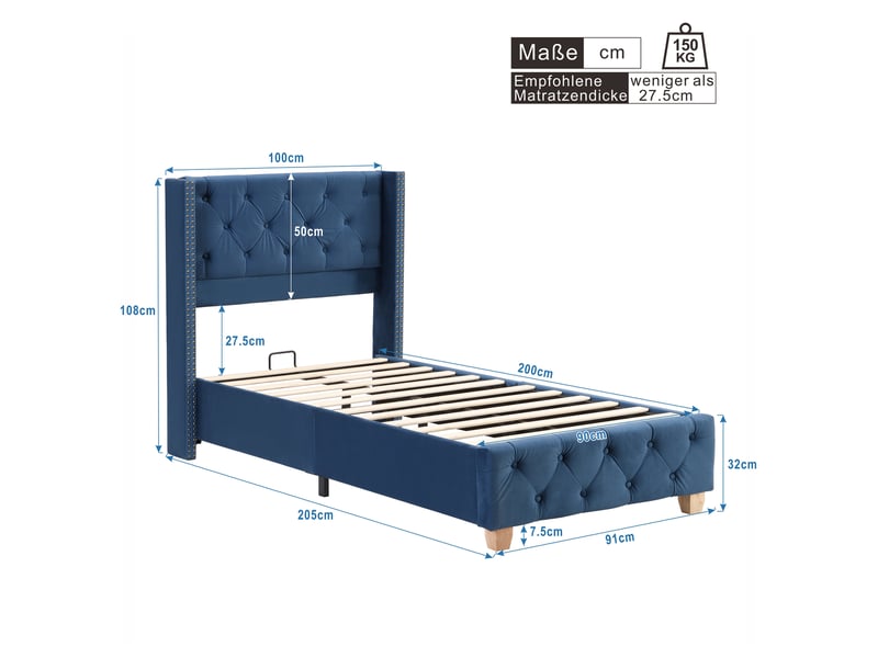  Lit simple capitonné - 90x200 cm - velours - gris  - Conforama C