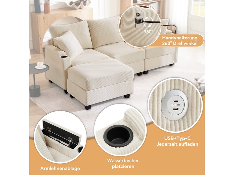 Canapé d'angle 3 places en velours côtelé beige avec pouf, porte-gobelets et usb - Conforama D