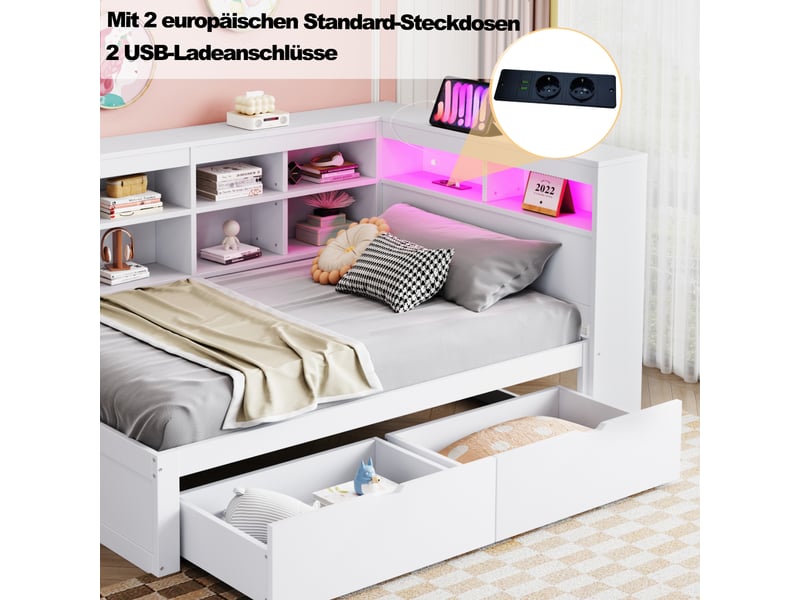 Lit coffre 90x200 cm avec rangements, led et usb, pin blanc, sans matelas - Conforama E
