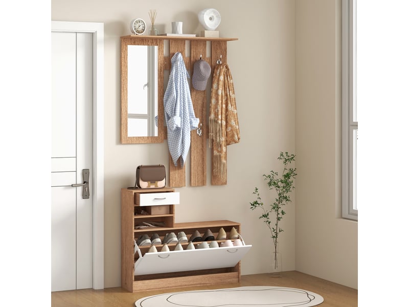  Meuble d'entrée vestiaire avec panneau porte-manteau, miroir et banc à chaussures - 6 crochets et réglable étagère  - Conforama W