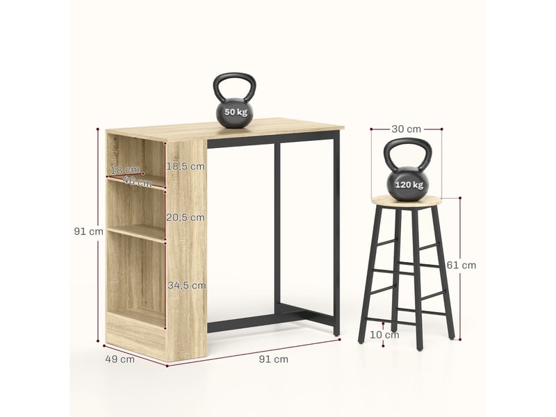  Ensemble bar,91x49x91 cm,3 pièces avec 2 tabourets et rangement,noir effet chêne  - Conforama C