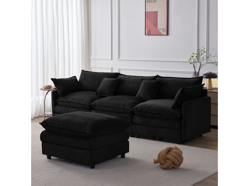 Canapé d'angle modulable 3 places avec méridienne et pouf 267 x 154 cm en chenille - Conforama W