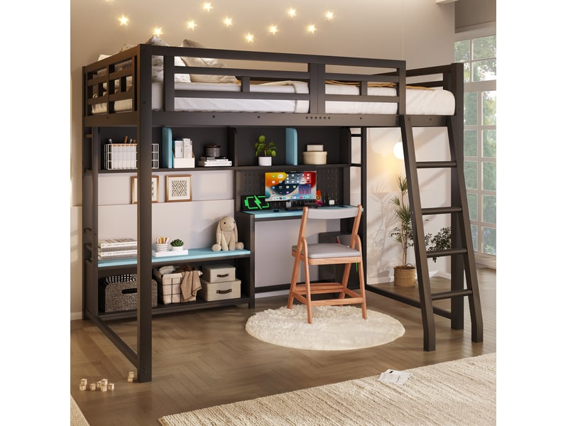  Lit mezzanine 140x200 cm noir avec bureau, étagères et éclairage led  - Conforama E