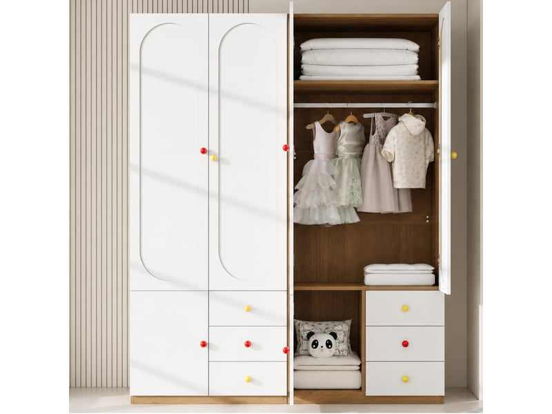  Ensemble de 2 armoires 2 portes avec tiroirs, penderie et poignées en céramique colorée, finition laquée blanche, grand rangement pour chambre d’enfant OPULERANE TRADING LTD - Conforama B
