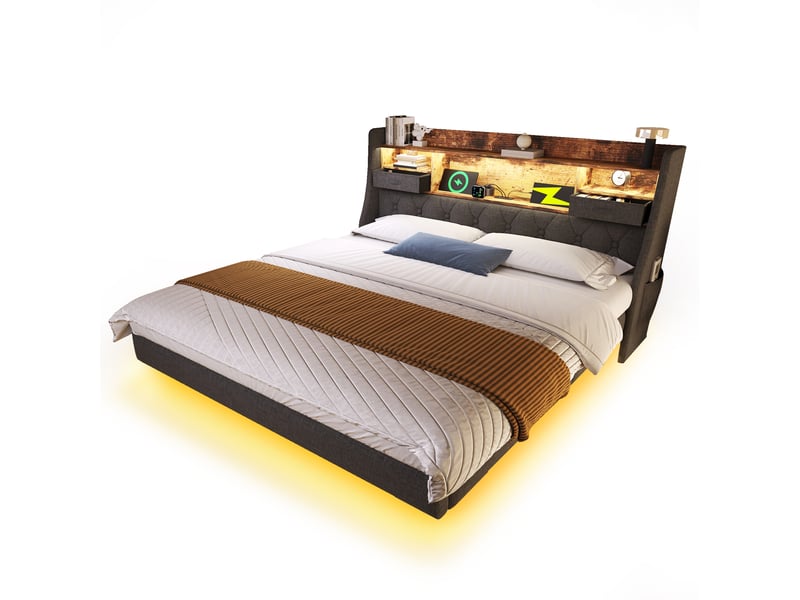 Lit flottant rembourré led avec rangement et usb-c, gris, 140x200 cm Fay Lum - Conforama A