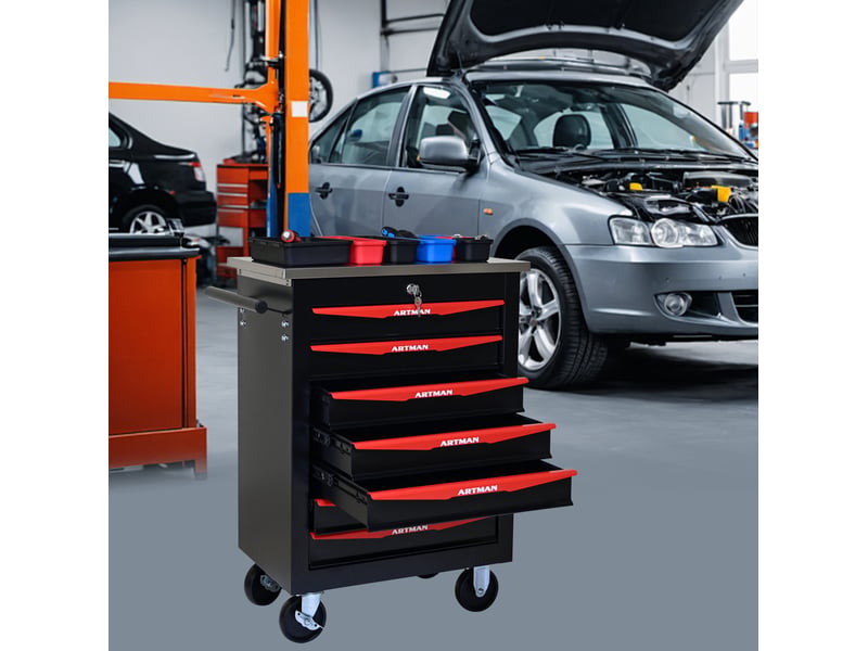  Servante d’atelier 7 tiroirs sur roulettes verrouillable acier noir et rouge evryae  - Conforama B