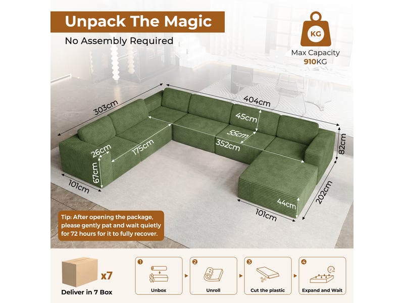 Canapé modulaire panoramique 7 places ouvert à droite,velours côtelé,1 pouf,canapé compressé pour grand salon,404x303x82cm,vert 404x303x82CM - Conforama C