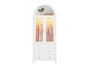 Armoire penderie - tiroir à bijoux - 1 barre de penderie - 3 tiroirs - portes vitrées - éclairage led - design arqué - blanc