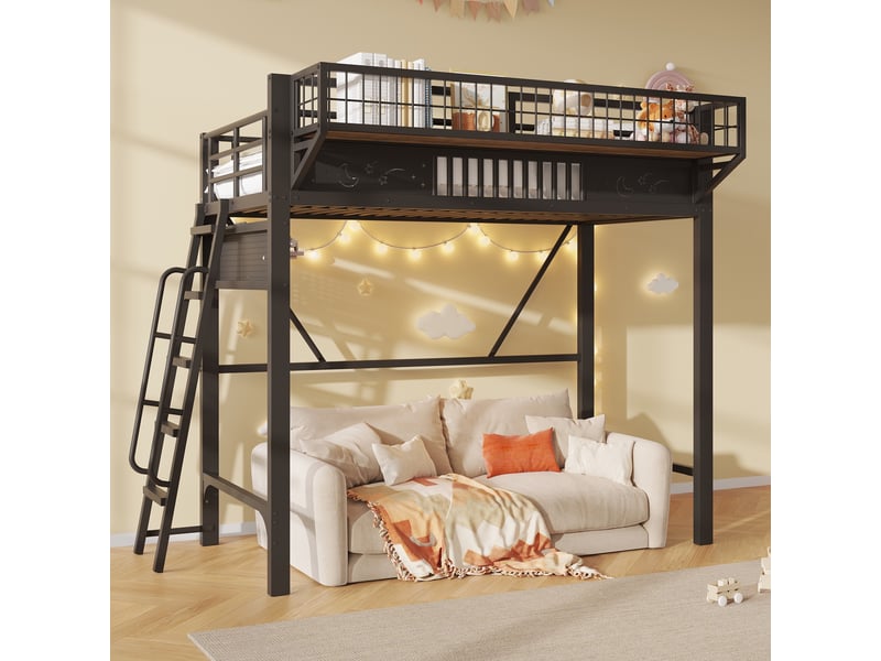  Lit mezzanine 90x200cm - lit simple en métal avec étagère suspendue et échelle réversible pour enfant et ado - noir  - Conforama B
