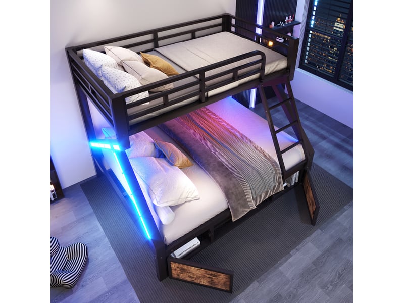  Lit superposé familial 90x200140x200 cm avec meuble à chaussures et 2 compartiments, lit en métal et mdf avec led, échelle et garde-corps, noir OPULERANE TRADING LTD - Conforama E