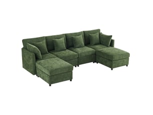 Canapé modulaire 4 à 6 places transformable en u ou l avec 2 poufs et 6 coussins en chenille vert