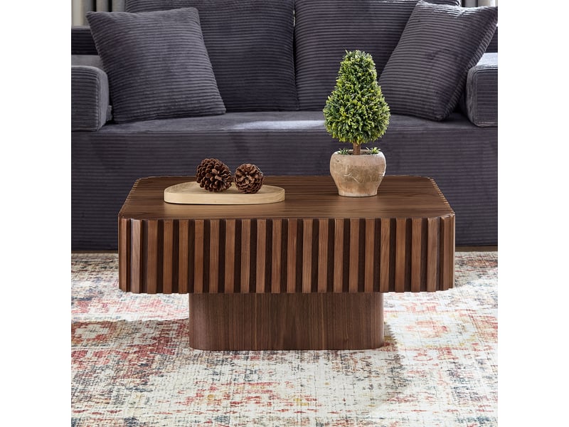  Table basse carrée moderne effet noyer 80 x 80 x 35 cm, cadre en bois massif rainuré  - Conforama B