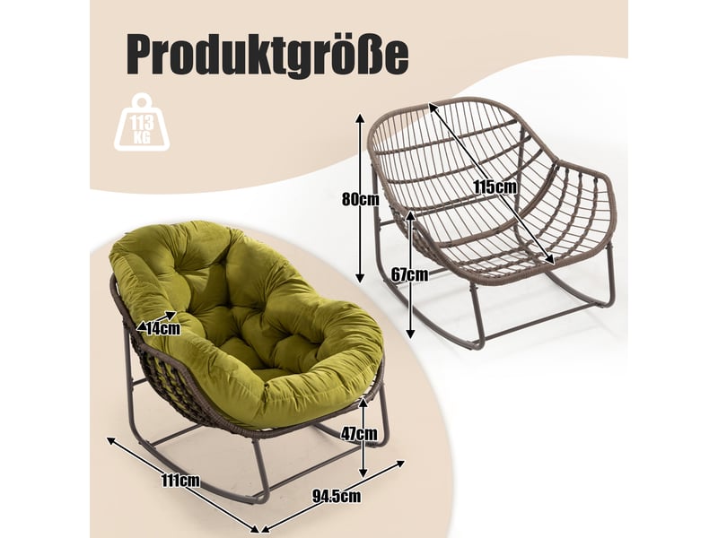  Cocon - fauteuil à bascule en rotin naturel - forme œuf et coussin vert olive - confortable pour salon, véranda ou chambre  - Conforama C