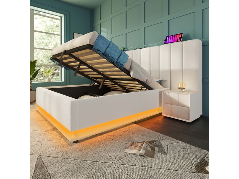  Lit avec rangement en pu blanc 268 x 211 cm  - Conforama D