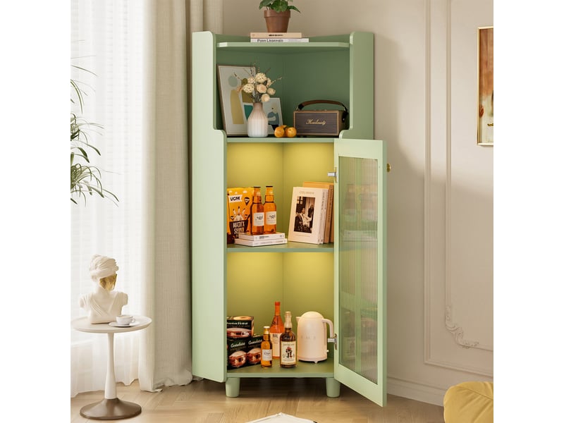  Vitrine - avec éclairage led - avec 1 porte - avec 2 étagères - avec des étagères ouvertes - vert  - Conforama C