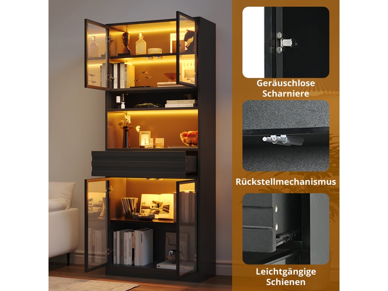  Vitrine avec 8 portes vitrées, 2 tiroirs et éclairage led pour salon en mdf noir, lot de 2, 80×35×200 cm  - Conforama E
