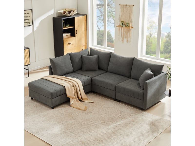 Canapé d’angle modulable 5 places 220x194x85 cm avec pouf mobile, configuration en l ou u, ressorts ensachés, mousse haute résilience, coton-lin,gris  - Conforama C