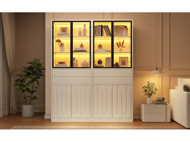  Lot de 2 vitrines avec éclairage led panneau de particules blanc 140x34x180 cm N625P489001002W-2 - Conforama D