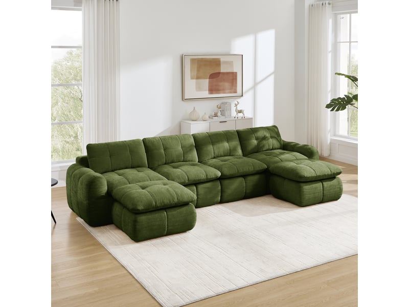  Canapé fixe, droit, modulaire, en tissu chenille, vert 334x160x68cm - Conforama C