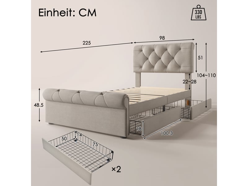 Lit simple chesterfield 90x200 cm avec rangements et 2 tiroirs, lin, naturel, sans matelas - Conforama D