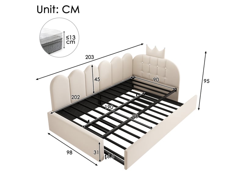 Lit gigogne 90x200 cm réversible en velours beige - Conforama E