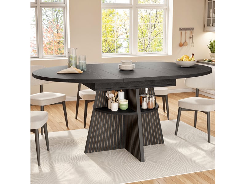  Table à manger extensible 110-150x110x76 cm, rangement ouvert, coins arrondis sur plateau épais, panneau aggloméré noir, destination salon  - Conforama E