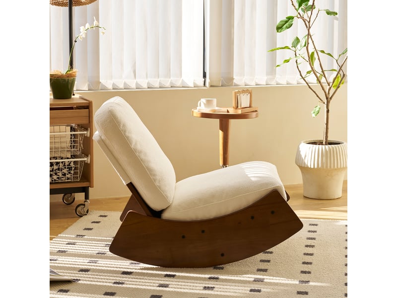  Lot de 2 chaises à bascule, fauteuil d'allaitement blanc en velours côtelé et bois massif, 90x61.5x71.9 cm  - Conforama E