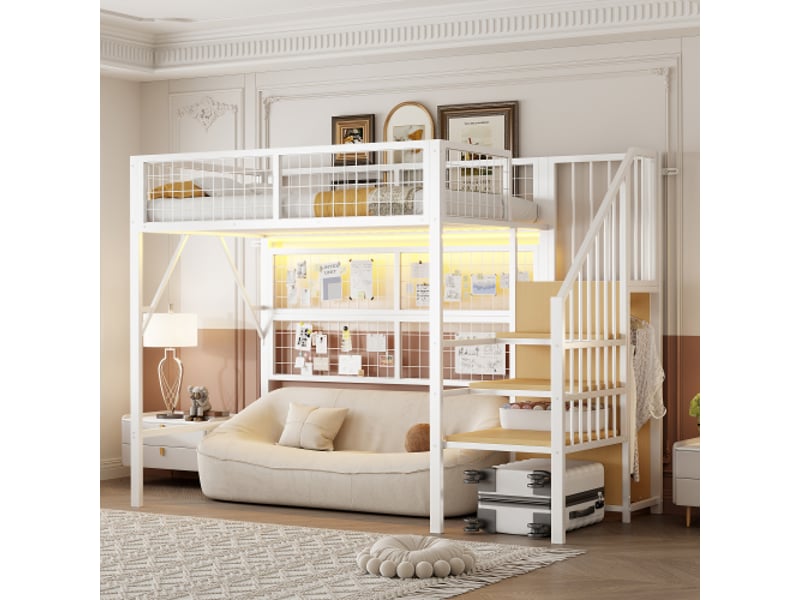 Lit mezzanine 90x200 cm, lit enfant avec led, escalier avec rangement et armoire ouverte, en métal, blanc, sans matelas - Conforama B