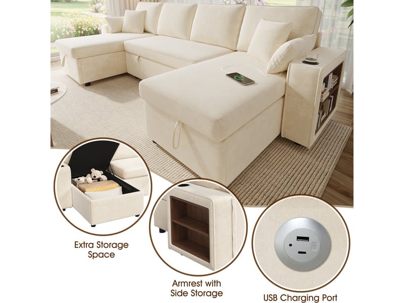  Canapé en u convertible 4 places - avec rangement, usb et porte-gobelets - en chenille beige - 270 × 125 × 86 cm  - Conforama E