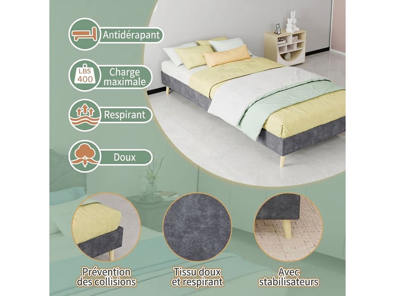  Cadre de lit 90x200 cm gris en velours hollandais - structure solide sans tête de lit  - Conforama D