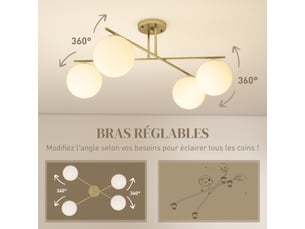 Plafonnier lustre moderne à 4 lumières avec culot e14, doré et crème, montage semi-affleurant