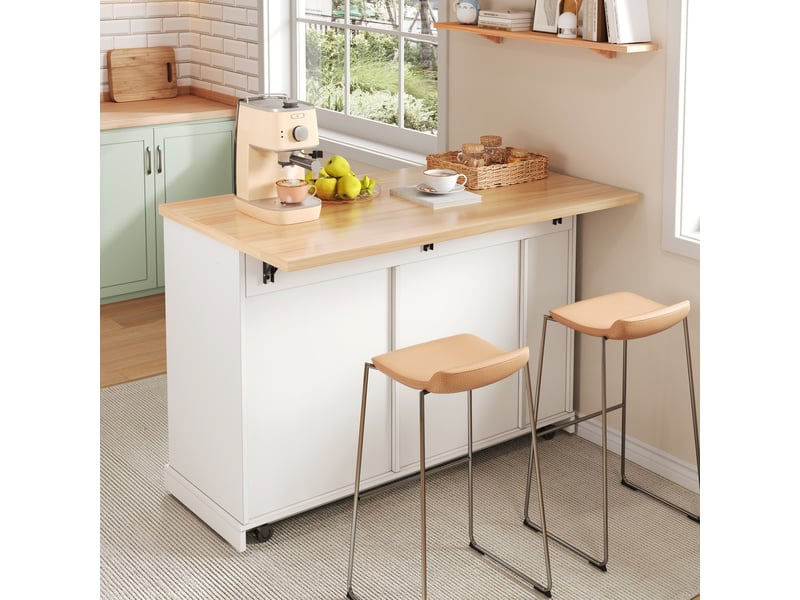 Îlot de cuisine 120x45-70x93 cm avec plateau rabattable, 2 tiroirs, étagère à épices 4 niveaux, rangement, mdf blanc - Conforama W