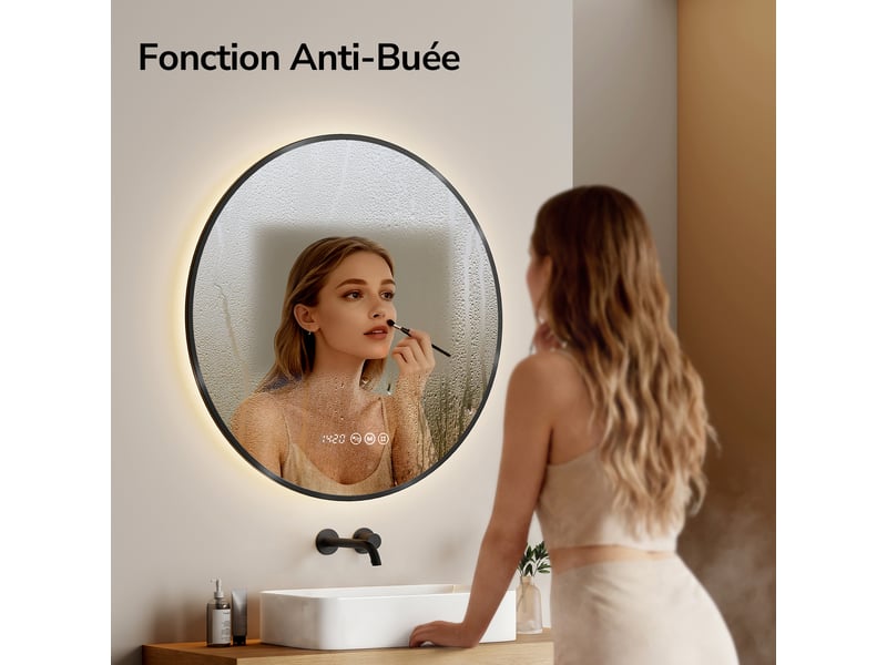 Emke miroir de salle de bain led rond 60x60 cm cadre noir, anti-buée, horloge, tactile, température de couleur et luminosité réglables - Conforama E