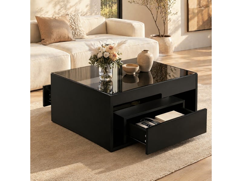  Table basse carrée 70 x 70 cm, 2 tiroirs, led et plateau en verre trempé noir  - Conforama B