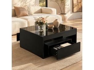 Table basse carrée 70 x 70 cm, 2 tiroirs, led et plateau en verre trempé noir