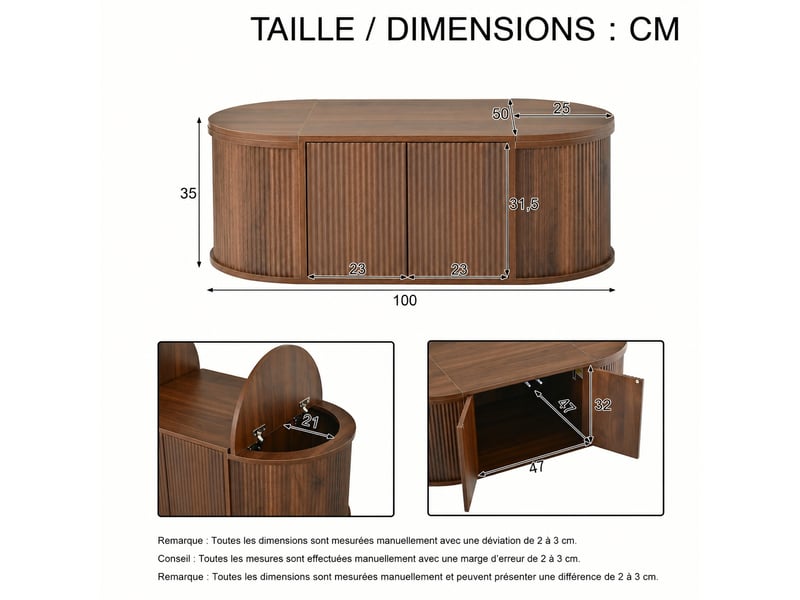  Table basse ovale avec rangement, 100x50x35 cm, couleur noyer, 4 portes magnétiques, bords arrondis  - Conforama C