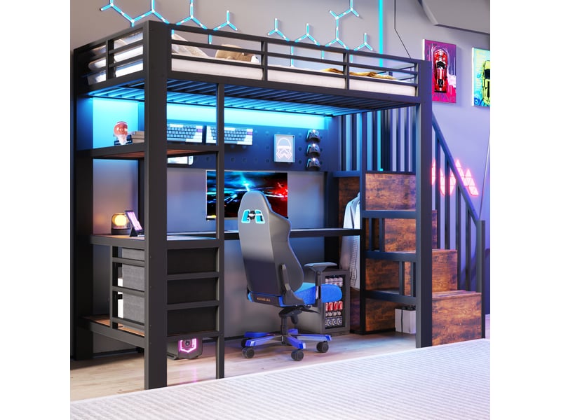 Modenvie lit mezzanine 90x200 cm - avec bureau, rangements et led, sans matelas - noir  - Conforama B