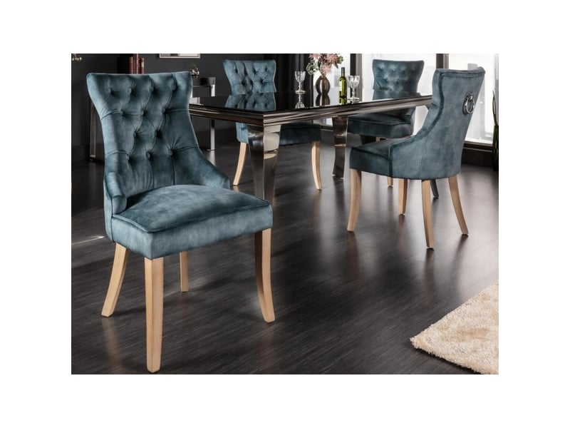  Lot de 2 chaises regina bleu grisé en velours capitonné – anneau argenté et pieds en bois clair  - Conforama B
