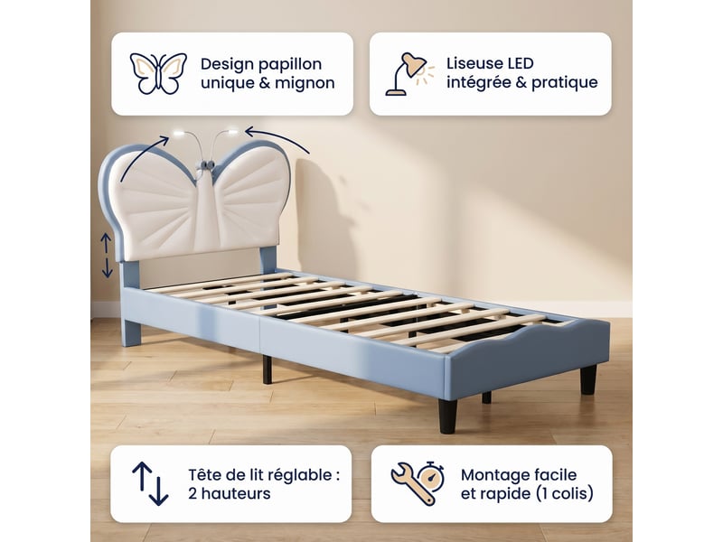  Lit enfant lit simple 90x190 cm, tête de lit papillon et lampe de lecture, style moderne, bleu  - Conforama C