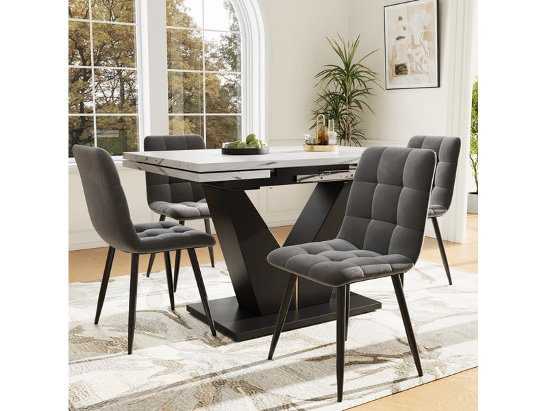 Table à manger extensible, 99-159x75 cm, table de cuisine plateau, plateau mdf, piètement métal, coloris blanc et noir - Conforama E