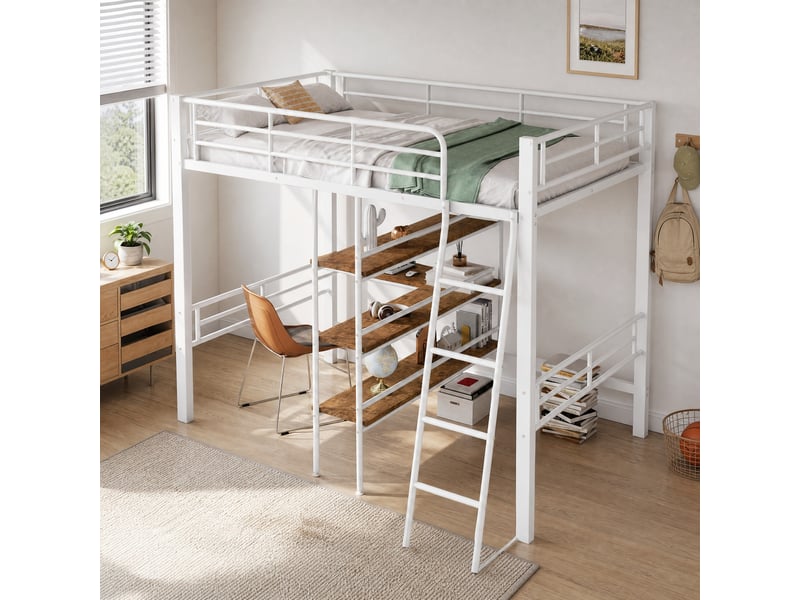  Lit mezzanine enfant 90 x 200 cm blanc avec bureau, étagères, échelle et garde-corps  - Conforama C